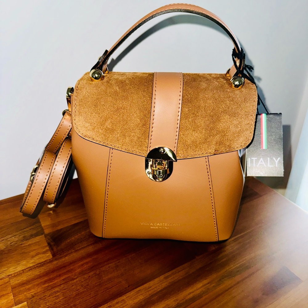 Camel Viola Castellani Italy leather backpack convertible bag. NWT